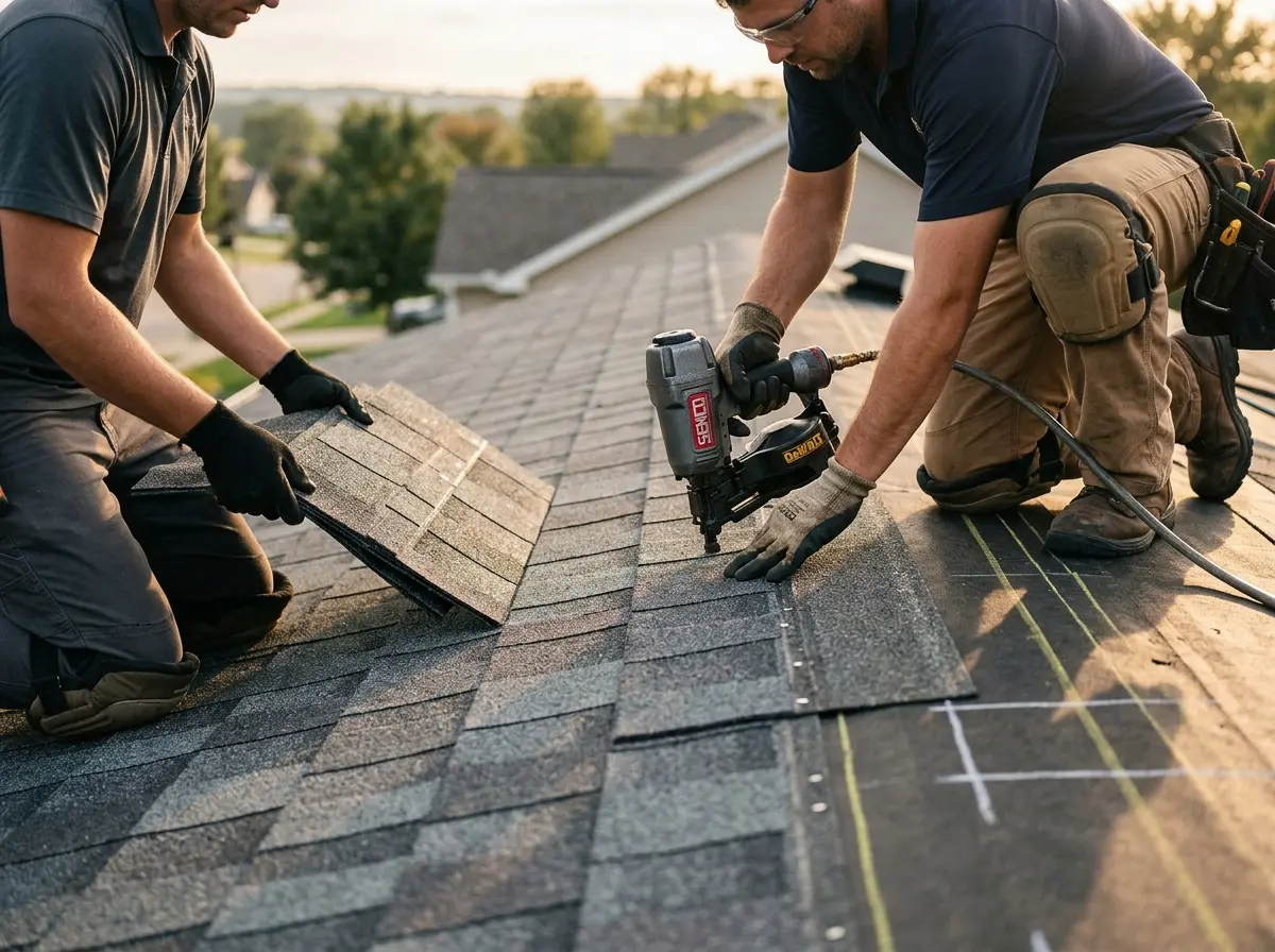 Professional roofer working on a residential roof in Economy